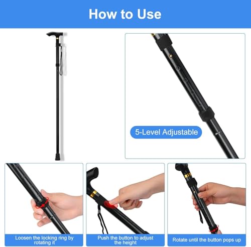 Walking Cane, Folding Cane for Man & Women, Portable Lightweight | 5-Level Adjustable Height, Collapsible Cane for Seniors Balancing Mobility Aid - color: Black
