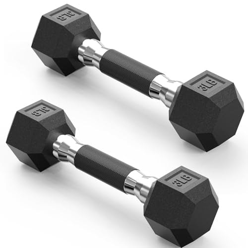 PAPABABE Hex Dumbbell Set 2.5-100lb, Rubber Grip Dumbbells, Home Gym | Complete & Durable Cast Iron Core Odorless Antiroll Hex Shape Ergonomic Versatile Home Gym Comfort Non-Slip Grip - size: 3 lb, Pair, style: Rubber Grip