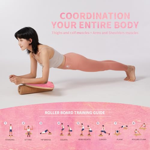 XCMAN Surf Balance Board Trainer with Roller Wooden Exercise Balancing Stability Trainer - Non Slip Surface for Adults Kids|Balance Board for Surfing,Snowboarding,Skateboarding,Hockey,Yoga Training - color: Leaf Pink