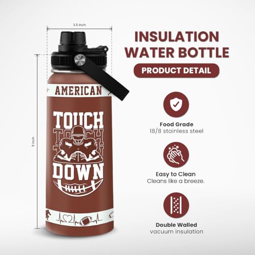 SANDJEST Football Water Bottle with Lid - 32oz Insulated Stainless Steel Sport Bottle - Gifts for Men Football Players Lovers Men - color: Football 4