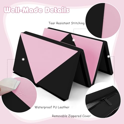 Goplus Gymnastics Mat, Folding Tumbling Mat with Carry Handles, Hook & Loop Fasteners, 4 Panels for Fitness Exercise Yoga Stretching Aerobics Workouts, Thick Gym Mats for Home - color: Pink&Black