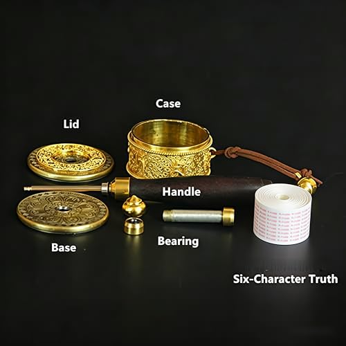Copper Hand Held Prayer Wheel with Tibetan Buddhist Six-Character Truth Premium Buddha Scriptures, Wooden Handle Prayer Wheel for Praying, blessing, Meditation, Healing, Relaxing, Yoga