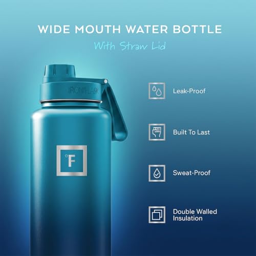IRON °FLASK 40 oz Wide Mouth Water Bottle with Spout | Insulated Stainless Steel Sports Water Bottle with Leakproof Spout Lid - BPA Free, Cold 24 Hrs, Sweat Free (Dark Night) - color: Dark Night, style: Spout - 40 Oz (1 Lid)