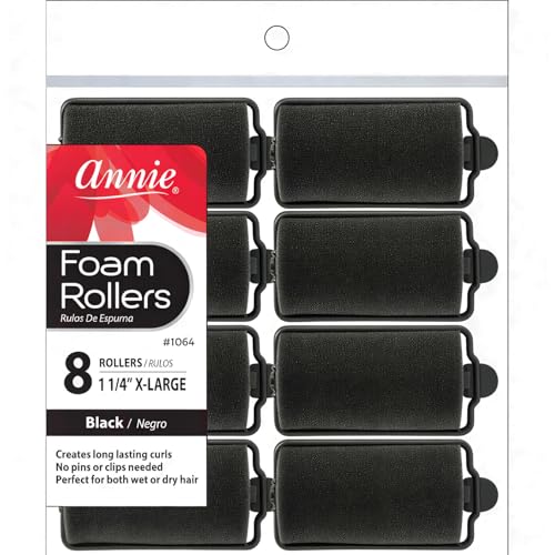 Annie Foam Hair Rollers 1.25 Inch X-Large, 8 Count Soft Sponge Curlers for Heatless Curls, No Pins or Clips Needed, For Wet or Dry Hair, Tight Defined Curls - color: Black