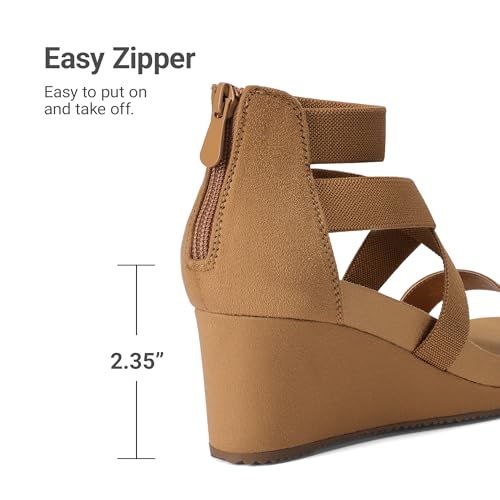 DREAM PAIRS Womens Elastic Ankle Strap Open Toe Platform Wedge Sandals Comfortable Summer Shoes - color: Camel, size: 10