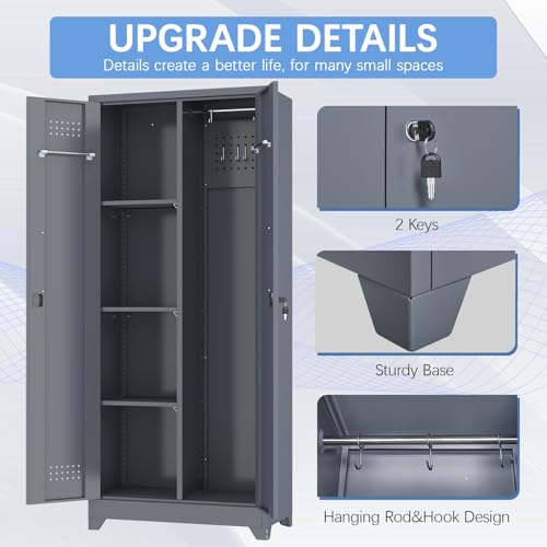 IRONFFICE Tall Storage Cabinet with Doors,Metal Garage Cabinet and Storage,Lockable Utility Closet Cabinets with Pegboard for Basement,Laundry Room,Grey - size: 15.74"D x 23.62"W x 65"H-Grey