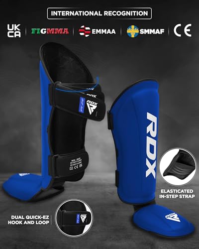 RDX Shin Guards Kickboxing Muay Thai, SATRA SMMAF Approved, Premium Maya Hide Leather, Leg Instep Protection Pads, MMA Martial Arts Kicking Sparring Training Gear, BJJ Karate Boxing Taekwondo, Black - color: Blue, size: X-Large