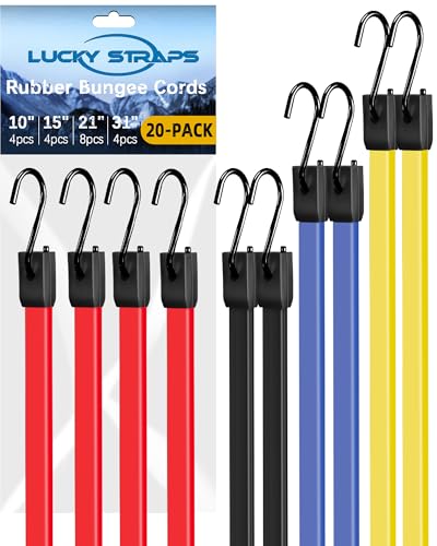 20 Pack Rubber Bungee Cords with Upgraded Hooks, 10 15 21 31 Inch Bungee Straps Heavy Duty Outdoor, Weatherproof Tarp Straps with 1.9X Max Stretch & 100% Rubber for Cargo, Van, Truck, Motorcycle, etc - size: 10"+15"+21"+31", style: 100% Rubber