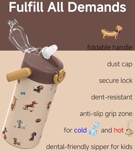MYFOREST 14oz/400ml Insulated Kids Water Bottle, Odor-free Liner, 3D Touch | No Plastic Taste, Surgical Steel - No Chemical Leaching, Name Spot, Soft Sipper, Gift for Dog Person, Beige. Dachshunds - color: Beige. Dachshunds