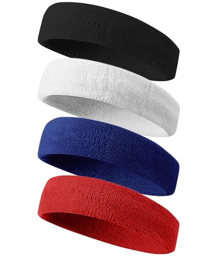 Tanluhu Sweatbands Sport Headbands for Men & Women,Terry Cloth Sweat Band for Tennis, Running, Basketball, Working Out, Exercise- Athletic Sweat Cotton Headband Outdoor - color: Black/White/DPBlue/Red