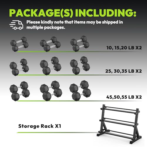 HANDBODE Dumbbell Set with 3-Tier Rack, 390-790 lb | Heavy Duty Weight Stand for Dumbbells, Space-Saving Metal Storage Organizer, Sturdy Dumbbell Holder for Home Gym - style: 570 lb Set (10-55 lb) *2 & Rack