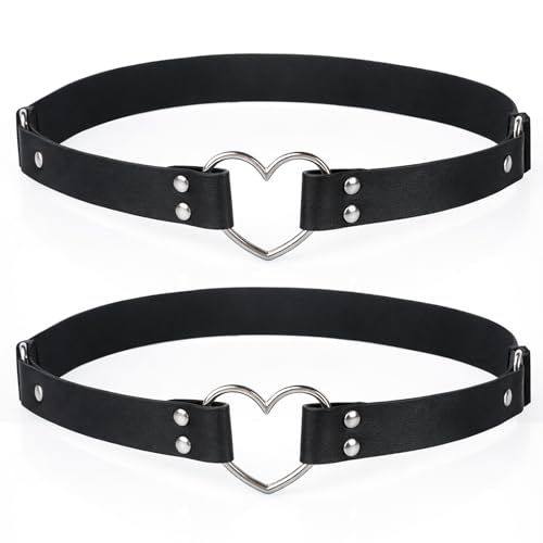 2Pcs Leather Thigh Garter, Adjustable Black Thigh Straps, PU Leather Heart Garter Belt for Women, Elastic Leg Ring Garters for Cosplay Parties Music Festival