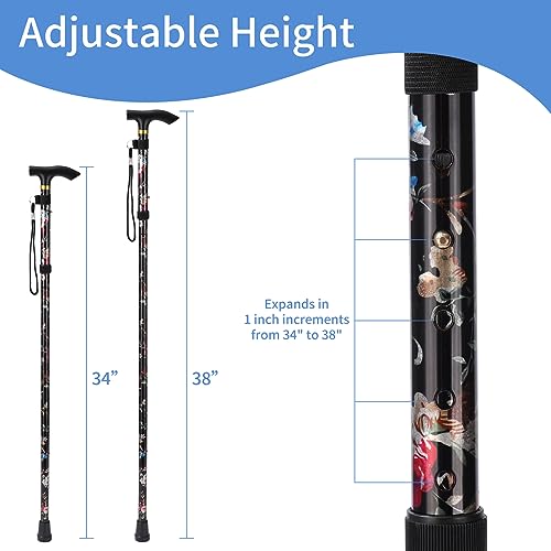 Walking Cane, Folding Cane for Man & Women, Portable Lightweight | 5-Level Adjustable Height, Collapsible Cane for Seniors Balancing Mobility Aid - color: Black Flowers
