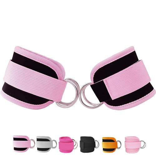 Fitness Ankle Straps for Cable Machines, 2 Pack Comfortable Adjustable Padded Ankle Wrist Cuffs, Kickback Glute Workouts for Men Women, D-Ring Leg Straps with Neoprene Padding - color: pink