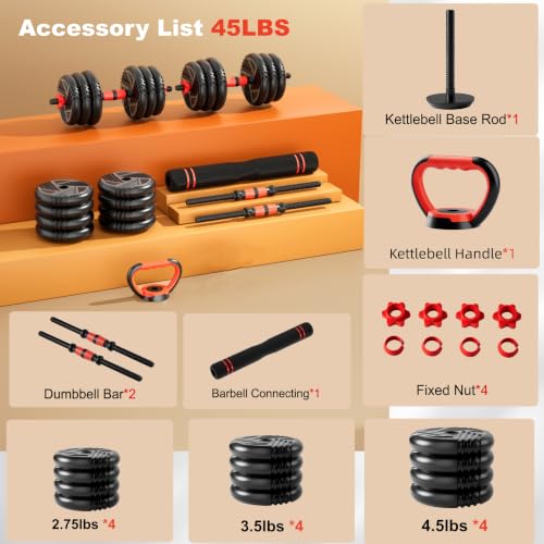 Adjustable Dumbbell Set, 20/30/45/70/90lbs, 5 in 1 Multi-Function Dumbbells | Converts to Barbell Kettlebell&Push up Stand, Free Weight Set for Home Gym Workout, Suitable for Men/Women Strength Training - size: 45LB(22.5LB Pair)