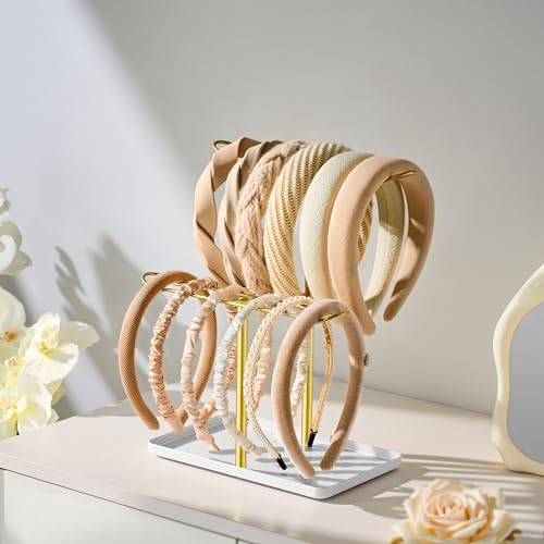 Headband Holder Organizer, 2-Tier T-bar Storage Stand with Tray for Hair Accessories Hairband Hair Clip, for Girls Women, Gold & White - color: White-gold