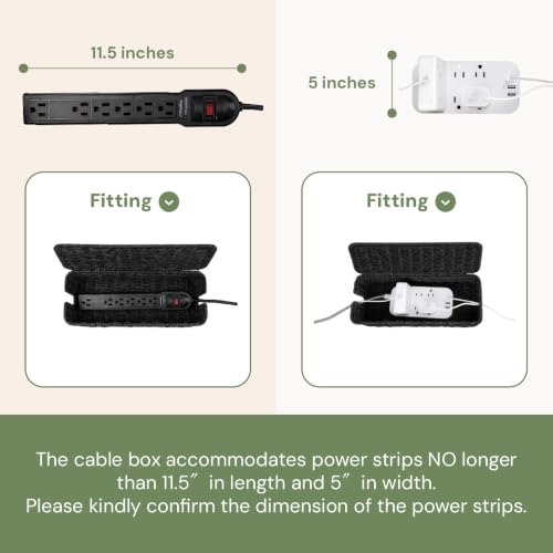 Cable Management Box, Handmade Rattan Cable Organizer with 2 Open Slots, Cord Hider for Power Strip, Router & USB Hub, Registered U.S. Design Patent (D1,112,102), 13" x 5.1" x 5.1", Black - color: Black, style: Rectangle