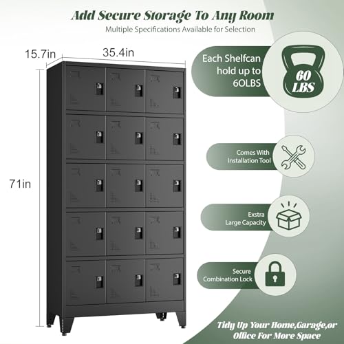 Metal Lockers for Employees-15 Doors Storage Locker with Shelves and Lockable Steel Cabinet for School,Gym,Office,Staff,Assembly Required,Black - color: Black, size: 15Doors
