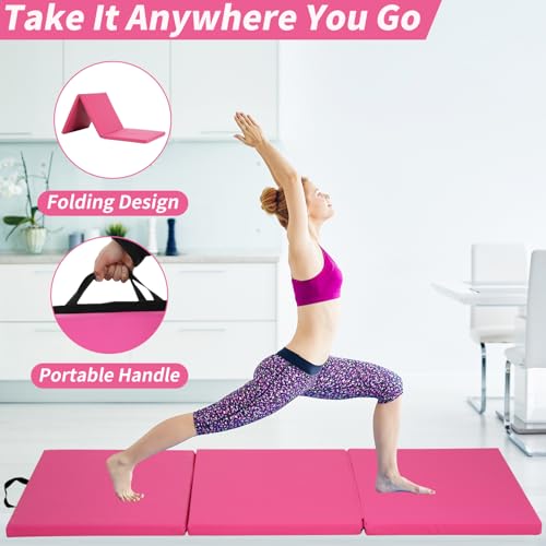 BLKMTY Gymnastics Mats - 2'x6' Folding Exercise & Yoga Mat with Carrying Handles for Kids' Tumbling & Home Gym - color: Pink