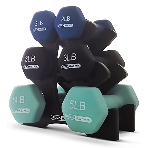 HolaHatha 1, 2 and 3 lb Neoprene Dumbbell Strength Training Weight Set with Rack - color: Blues, size: 20 LB