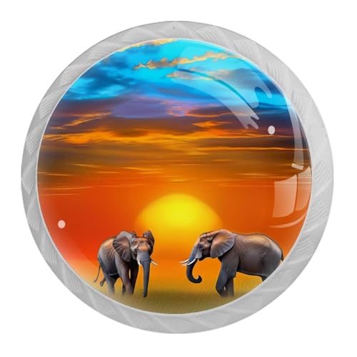 4 Pack White Cabinet Knobs, African Elephants Sunset Drawer Handles for Cabinets, Dresser, Cupboard, Bathroom, Bedroom, Kitchen Hardware Closet Door Knob - color: African Elephants Sunset
