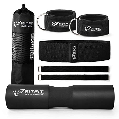 RitFit 7PCS Barbell Squat Pad Set, Hip Thrust & Lunges | Includes Resistance Band, 2 Safety Straps, 2 Gym Ankle Straps & Carry Bag, Upgraded Neck & Shoulder Protective Pad - color: Black
