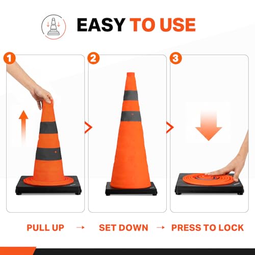 BATTIFE 28 inch Collapsible Traffic Safety Cones Orange Plastic Base 4 Pack | Collapsible folds flat, reflective strips, sturdy PVC, lightweight,ideal for parking, driving, construction, emergencies - size: 28inch