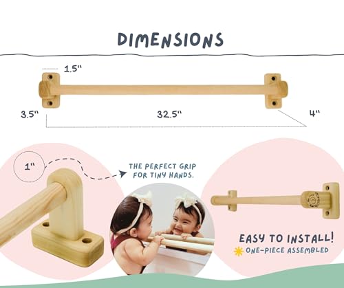 32.5 in. Long Montessori Pull Up Bar for Babies | Excercise Guide, Hand-Made, Assembled, Quality Wooden Toy Bar for Infants, Ballet Bar for Toddlers.