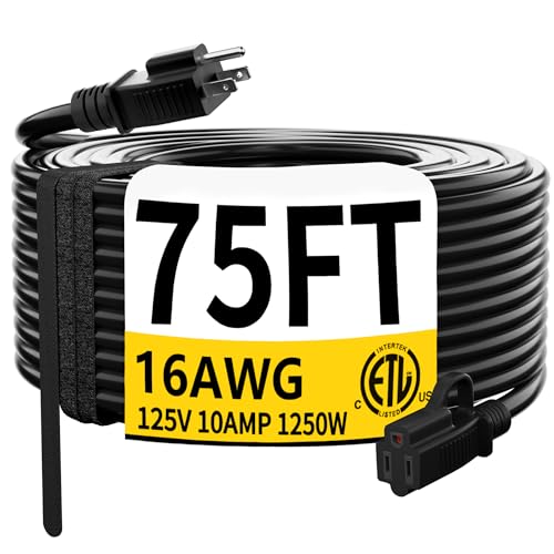 HUANCHAIN Black Outdoor Extension Cord 75 FT Waterproof, Flexible 16/3 Gauge Power Cord Extension 3 Prong 10A 1250W SJTW ETL Listed - color: Black with Hook, size: 75FT, style: 16/3 Extension Cord