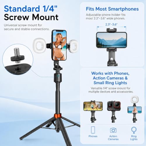 70" Auto Face Tracking Tripod with Light, 360° Smart Phone Stand with Remote, Selfie Stick for iPhone Android, No App Needed, Video Recording Vlogging Live Streaming