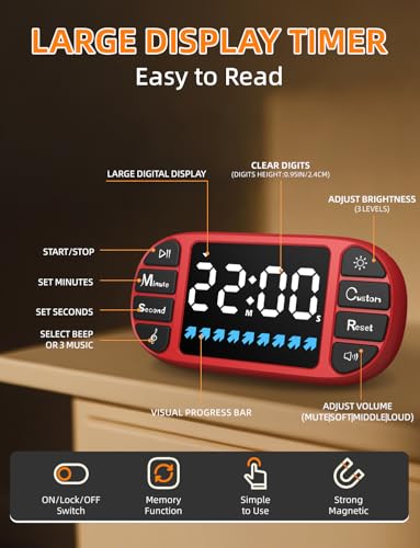 DOOMAY Digital Kitchen Visual Timer: 3.6'' Large LED Display, Magnetic, 3 Brightness, 4 Alarms and Volume, Memory Function, Countdown Count up for Cooking, Classroom, Home Gym, AAA Battery Included