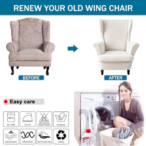 NILUOH Thick Velvet Wingback Chair Slipcovers 2-Piece, Stretch Wing Chair Covers Soft Sofa Slipcover Wing Back Armchair Cover Furniture Protector for Living Room - color: Ivory White
