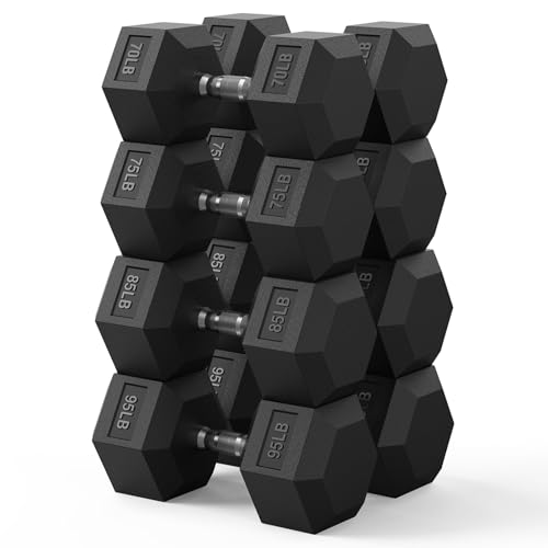 Hex Dumbbell Set 60-650lb, Weights Set Rubber Encased, Home Gym | PAPABABE Complete & Durable Cast Iron Core Odorless PVC Antiroll Hex Shape Ergonomic Chrome Handle Versatile Home Gym - size: 650 lb Set (Pair of 70, 75, 85, 95), style: Chrome Grip
