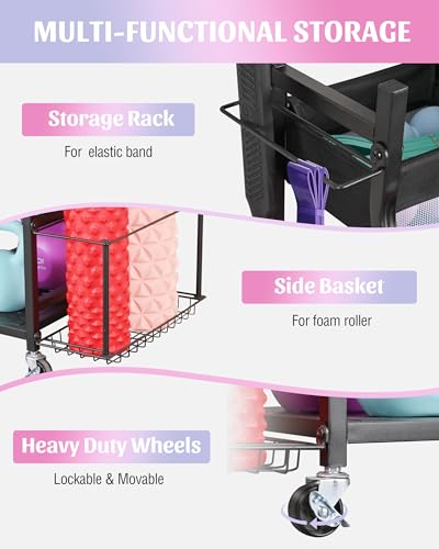 Mythinglogic Home Gym Storage Rack with Wheels for Dumbbells and Yoga Mats | Versatile storage with shelves, hooks and side holders for kettlebells, foam rollers, bands, weight plates and gym gear - color: Black
