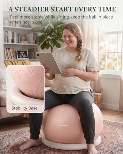 Trideer Pregnancy Birthing Ball, 1.7mm Extra Thick Yoga Ball for Maternity, Labor, Physio, Recovery, Exercise Guide & Daily Comfort Tips for All Trimesters, Anti-Burst Non-Slip Stability Ball - color: Mistyrose(with Base), size: L(23-26IN/58-65cm)