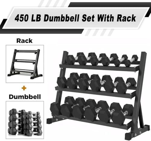 Rubber Hex Dumbbells with Rack 350/450/550 LBS - Free Weights Dumbbell Set Home Gym Equipment Exercise & Fitness Dumbbells for Strength Training - style: 450LB