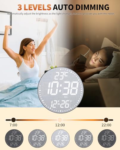 12" Large Digital Wall Mount Clock, Count Down Timer, Alarm, Big LED, 12 RGB Color, Temperature for Living Room Classroom Desk, Xmas, Birthday Gift for Senior Mom (Fabric Elements) - style: Black shell - Fabric Elements
