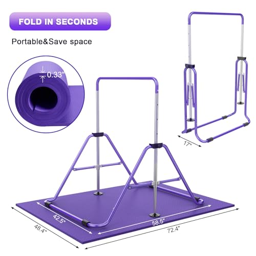 RINREA Gymnastic Bars for Kids, Adjustable Height Horizontal Bar for Home | 5-Height 35"-51", Foldable & Space-saving, Indoor Outdoor Training Kip Bar, with Gymnastics Rings & Gymnastics Pad - color: Purple with Mat