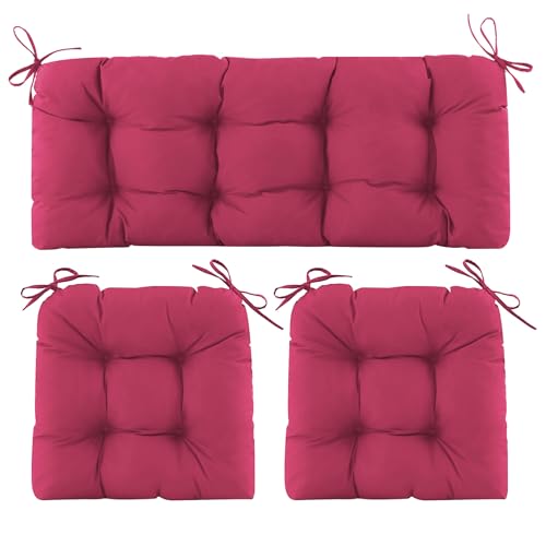 Wicker Chair Cushions of 3 Pieces, Waterproof Cushions for Patio Furniture, Tufted Wicker Outdoor Furniture Cushions, 1 Patio Loveseat Cushion and 2 U-Shaped Cushions, 44"x19"x5", Burgundy - color: Burgundy