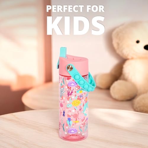 Elemental Leak Proof Water Bottles for Kids - Splash Kids Water Bottle for School with Pop-it Handle - Tritan Plastic Water Bottle with Straw - Mermaid & Robin's Egg - 18oz (2 Pack) - color: Duo - Mermaid Rose / Robin's Egg (Magic Tide)
