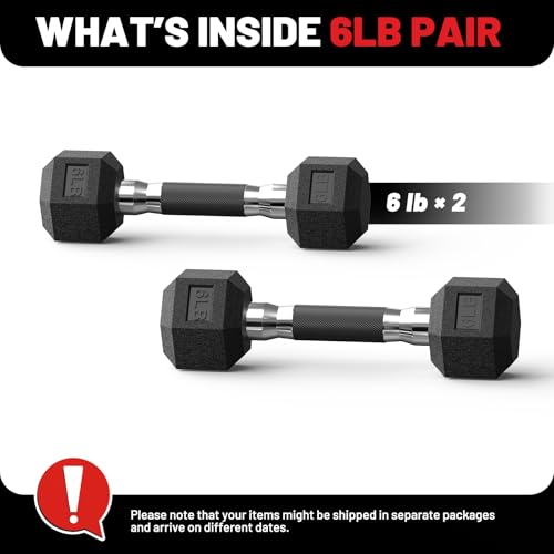PAPABABE Hex Dumbbell Set 2.5-100lb, Rubber Grip Dumbbells, Home Gym | Complete & Durable Cast Iron Core Odorless Antiroll Hex Shape Ergonomic Versatile Home Gym Comfort Non-Slip Grip - size: 6 lb, Pair, style: Rubber Grip