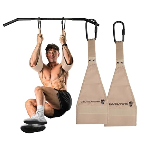 Gymreapers Hanging Ab Straps for Pull-Up Bar - Hang Bar Assist Strap & Strength Workout Equipment, Padded Adjustable Arm Supports with 2 Steel Carabiners for Leg Raises, Abdominal & Core Training - color: Tan