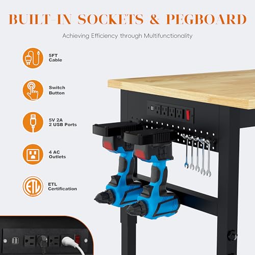 Betterhood 48" Heavy Duty Adjustable Workbench with Large Pegboard, Adjustable Work Table with Power Outlets & Lockable Wheels, Rubber Wood Workstation for Garage, Workshop, Office, Home, Commercial - size: Large Pegboard / Power Outlets / Drawer / 48"x24