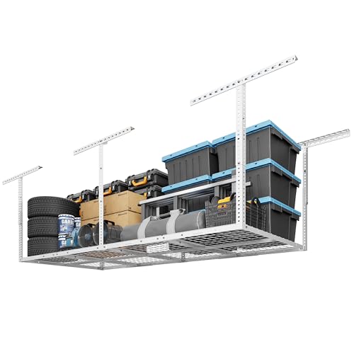 FLEXIMOUNTS 3x8 Overhead Garage Ceiling Storage Rack, Adjustable Garage Organization System, Heavy Duty Metal, 750lbs Weight Capacity, White, Classic Series - color: White, size: 3x8 ft
