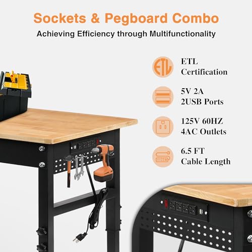 Betterhood 70" Adjustable Height Workbench, 2000 LBS Heavy Duty Work Table with Power Outlets & Pegboard, Rubber Wood Workstation for Garage, Workshop, Office, Home, Commercial - size: Rubber Pad / Pegboard / Power Outlets / 70"x21"