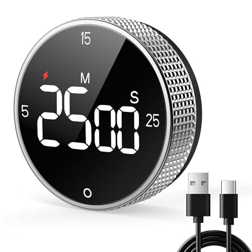USB Rechargeable Magnetic Kitchen Timer for Cooking, Building 800mAh Battery Large Display Digital Countdown Timer, 3 Preset 5/15/25 Mins Loud Alarm for Baking Grilling Studying - Silver - color: Silver