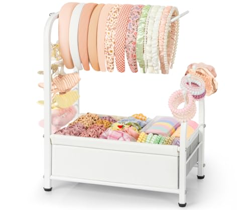Keebofly Headband Holder Stand, Versatile Hair Accessories Organizer for Scrunchies, Hair Ties, Bows & Claw Clips - Large Compact Hair Accessories Storage for Girls, Women, Babies - color: White