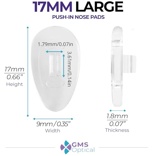 GMS Optical Push in Silicone Nose Pads for Glasses | 17mm Large, 8.2mm Wide Width | Non Slip Nose Grips, Eyeglass Accessories for Glasses & Sunglasses, Provides Comfort & Stability (5 Pairs, Clear) - size: (L)17mm - 5 Pairs