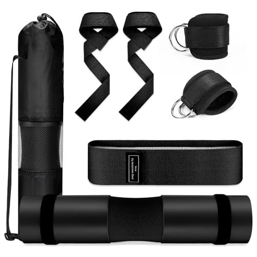Gym Barbell Pad Set: 7 PCS Gym Equipment Accessories | Hip Thrusts Pad for Squats Ankle Strap for Cable Machine Hip Resistance Band Weight Lifting Strap and Carry Bag - color: Pink
