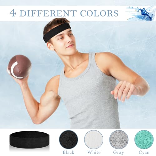 4 Pack Cotton Terry Sweat Headbands for Men Women Running Gym | 4 pack soft cotton terry headbands, Stretch 7 to 15 inches, Sweat-wicking, stays put for running, tennis, basketball & yoga - color: Black/Gray/Sky Blue/White